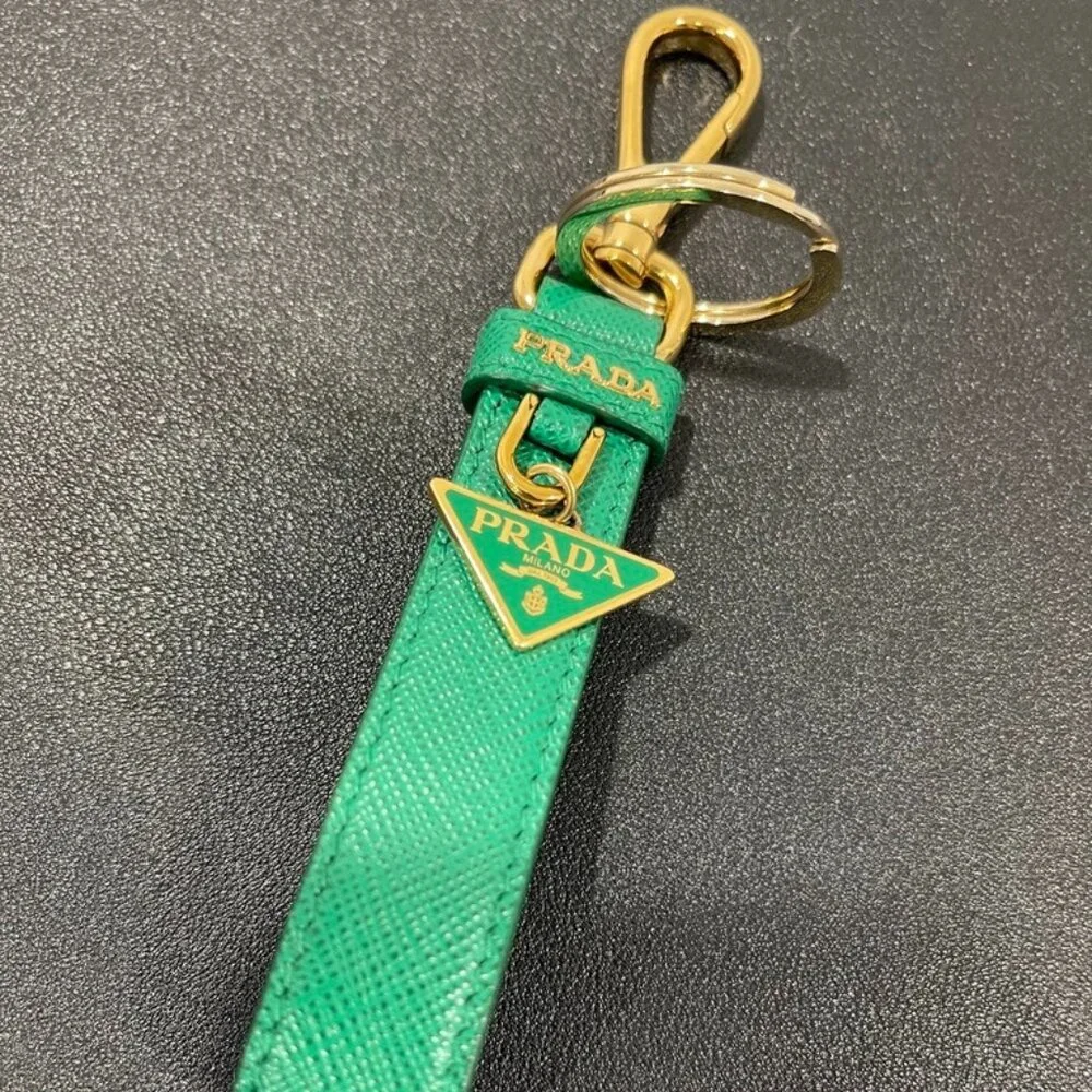 Prada Triangle Logo Leather Keychain Green/Gold (JB1069)